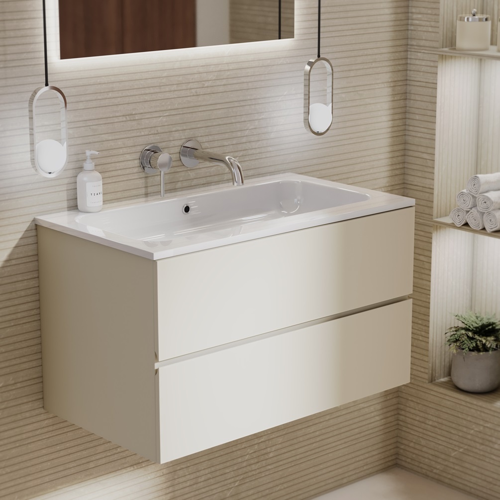 Product lifestyle image of Zero Sahara Silk 800mm Double Drawer Wall Hung Vanity Unit and 0TH Gloss White Basin 1042-BL1167C-L055K